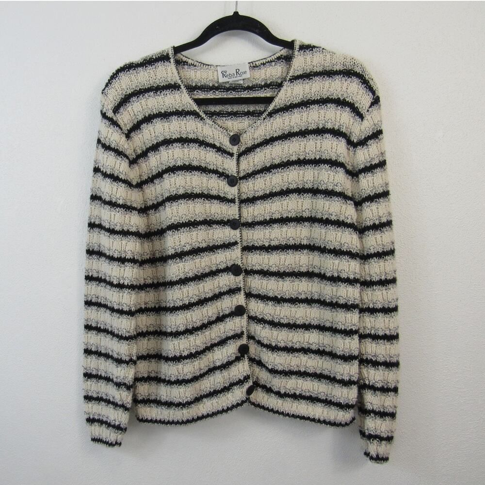 Reba Rose Medium Vintage 1990s Knitted Striped Cardigan Sweater Cotton Neutrals
